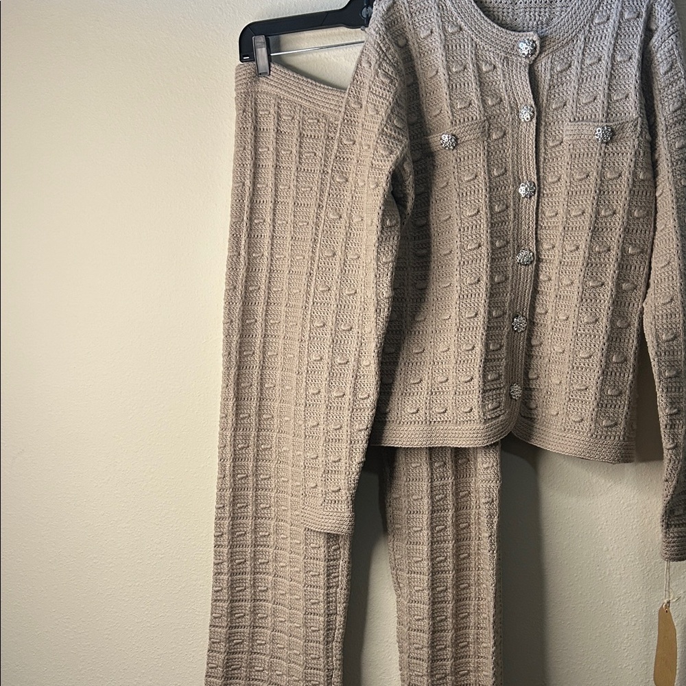 Beige Knit Cardigan and Pants Set